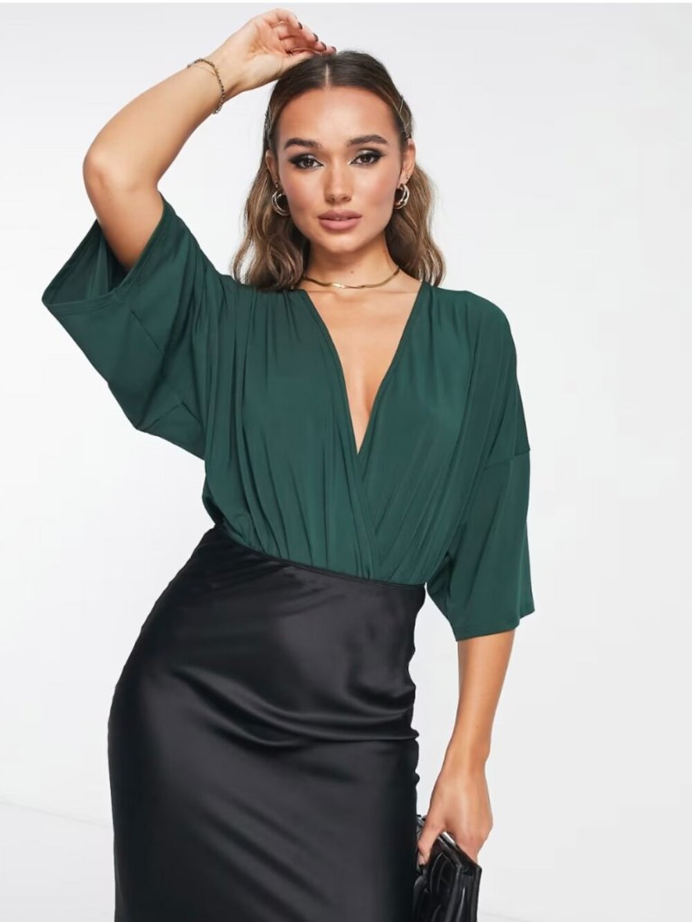 NWOT ASOS DESIGN wrap bodysuit with angel sleeve in dark green